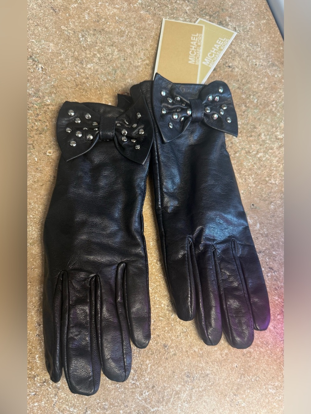MICHAEL Michael Kors Black Leather Stud Bow Gloves